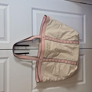 Victoria's Secret Tote Travel Pink Straps Gold Rivets Canvas Fabric Beige Color